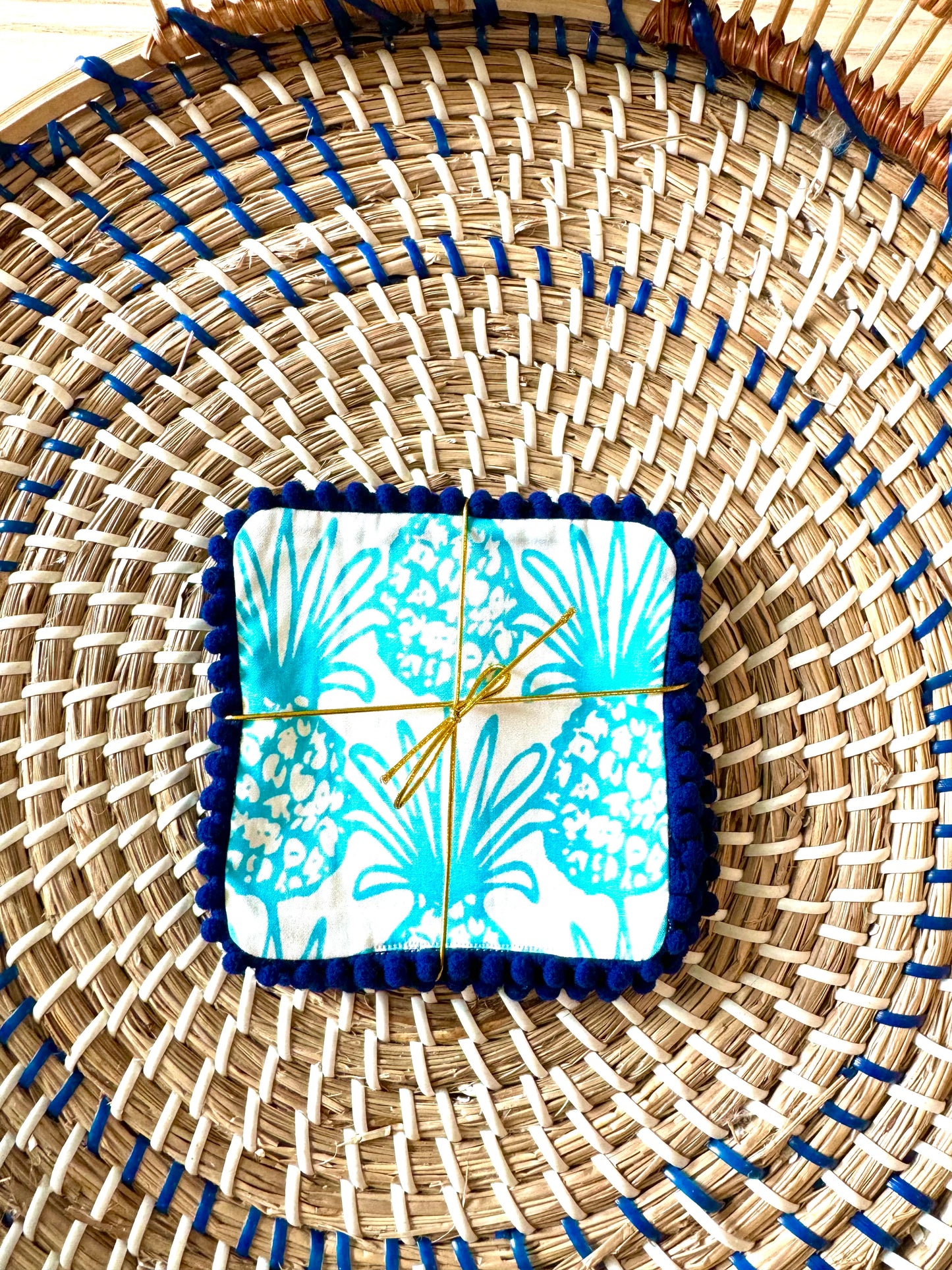 Pineapple Daze Coasters - Navy Poms