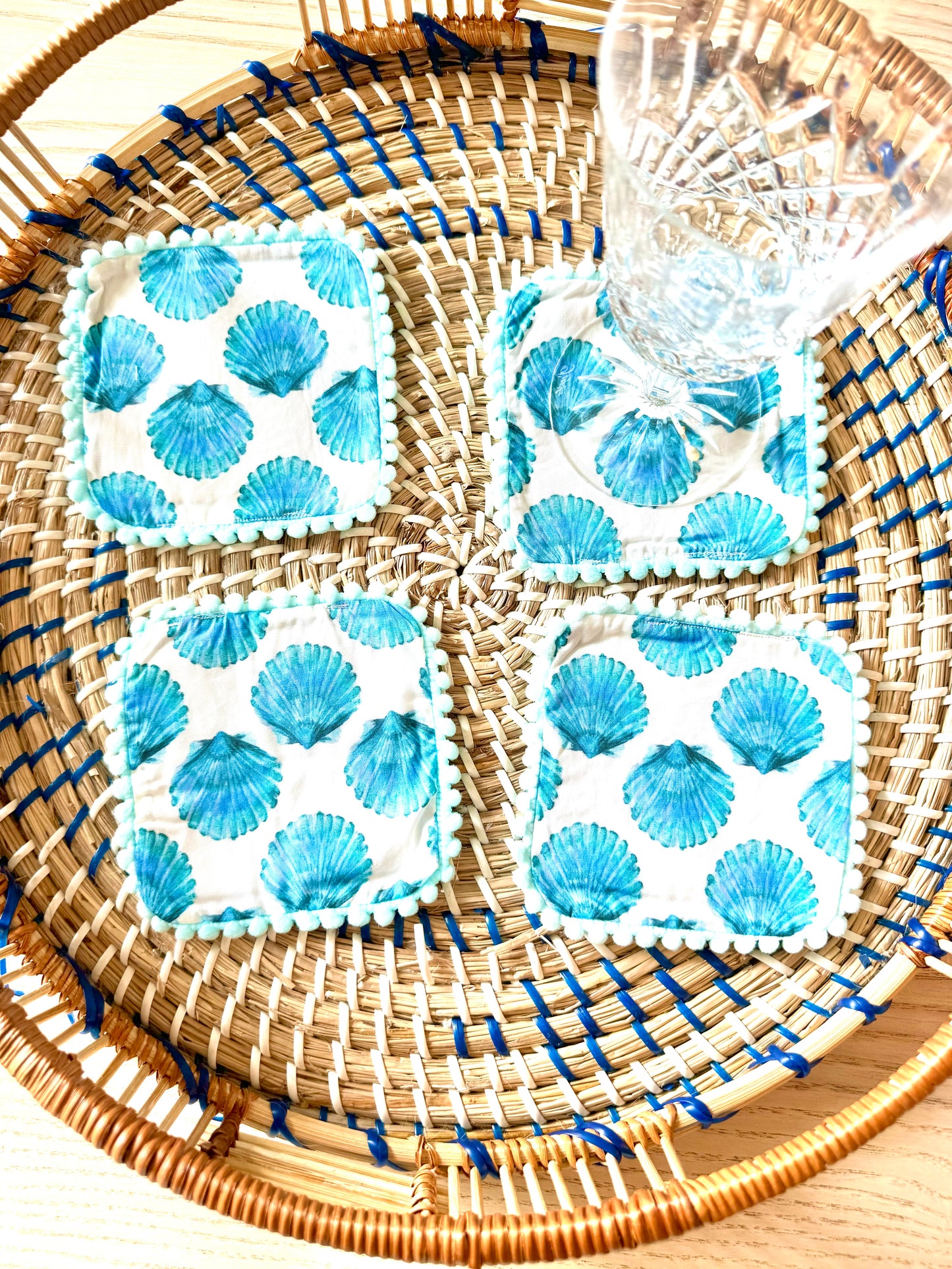 Blue Shells Coasters - Blue Poms