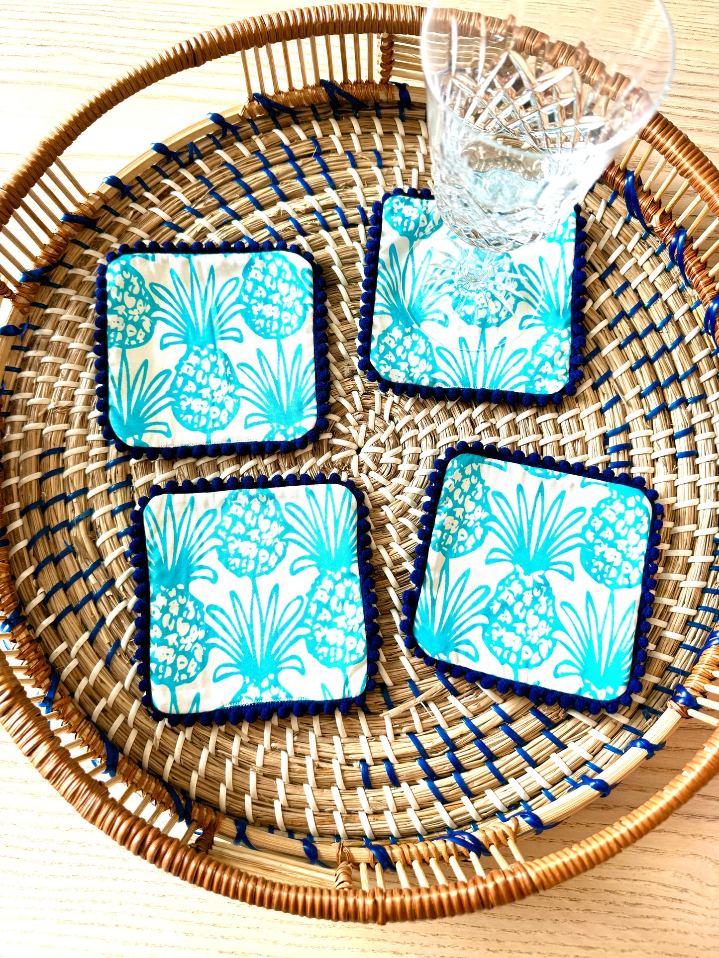 Pineapple Daze Coasters - Navy Poms